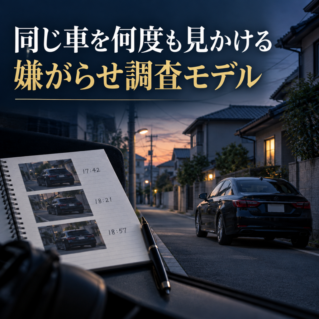 自宅周辺で同じ車を繰り返し確認する嫌がらせ調査モデルのイメージ